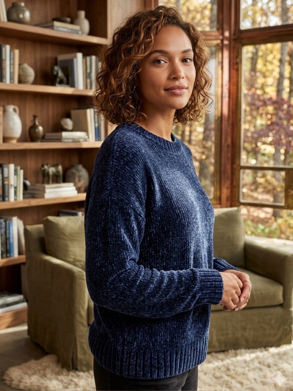 Forever 21 Plush Chenille Crewneck Sweater - Navy Blue